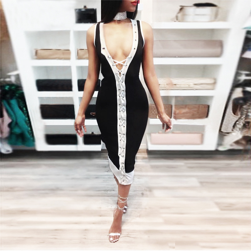 Sexy v-neck coutrast bandage dress with a long bandage